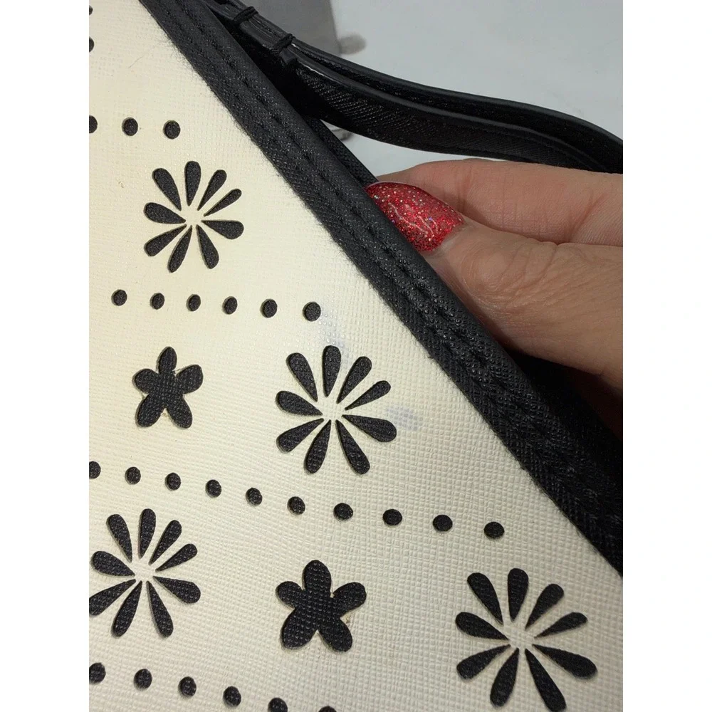 Vera Bradley Wristlet Pouch Laser Cut Floral Black White Saffiano Faux Leather